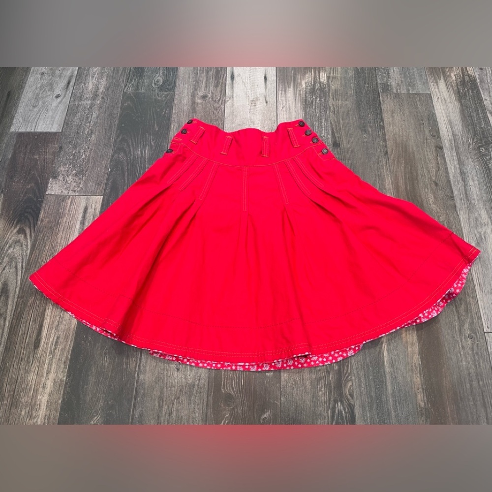 Oilily Aline Circle Pleat Skirt Jacquard Drop Side Button Red Sz 38/Med Vintage